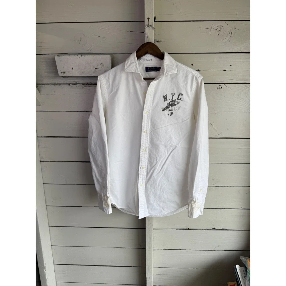 Polo Ralph Lauren NYC Track Graphic Button Down Shirt White Mens Medium Custom